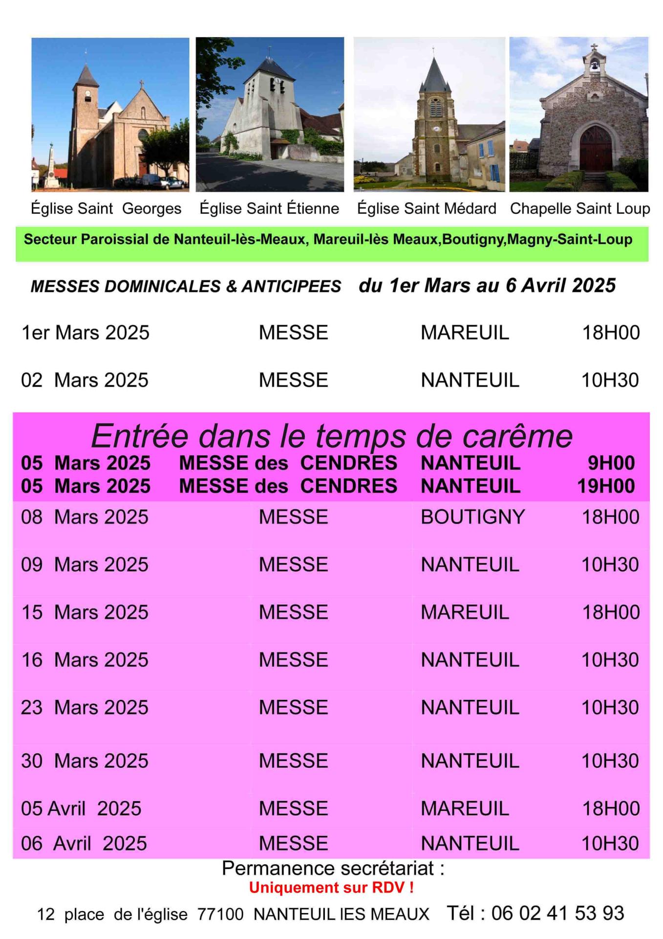 Affiche messes 1er mars 2025 au 06 avril 2025