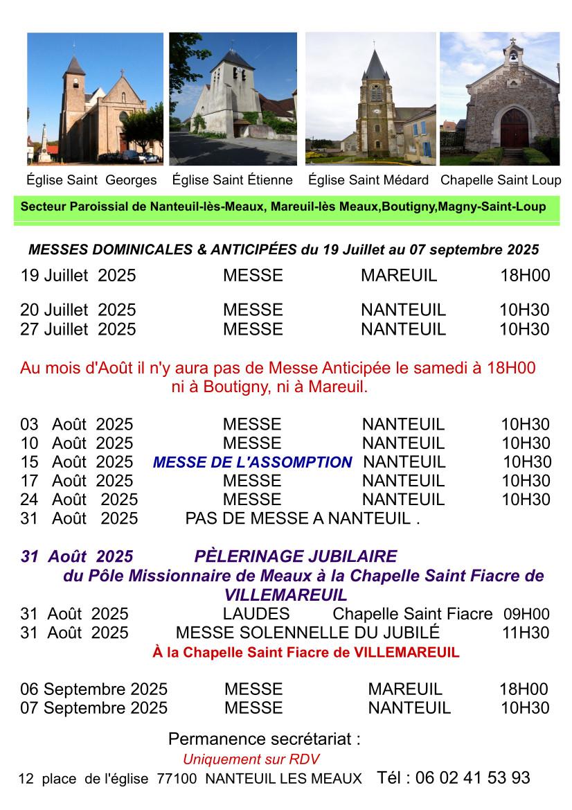 Affiche messes dominicales 19 juillet 2025 au 07 septembre 2025